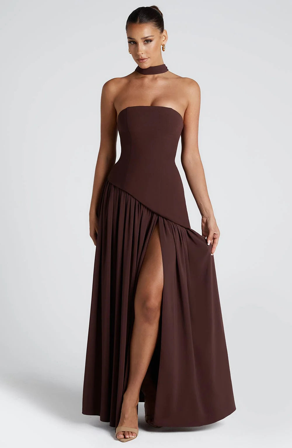 Sopheline - Strapless Maxi Jurk Met Hoge Split En Asymmetrische Taille Dames